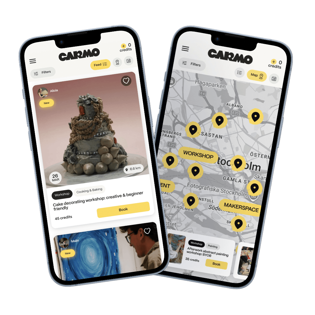 Carmo Club app screens showing session feed and map views in Stockholm